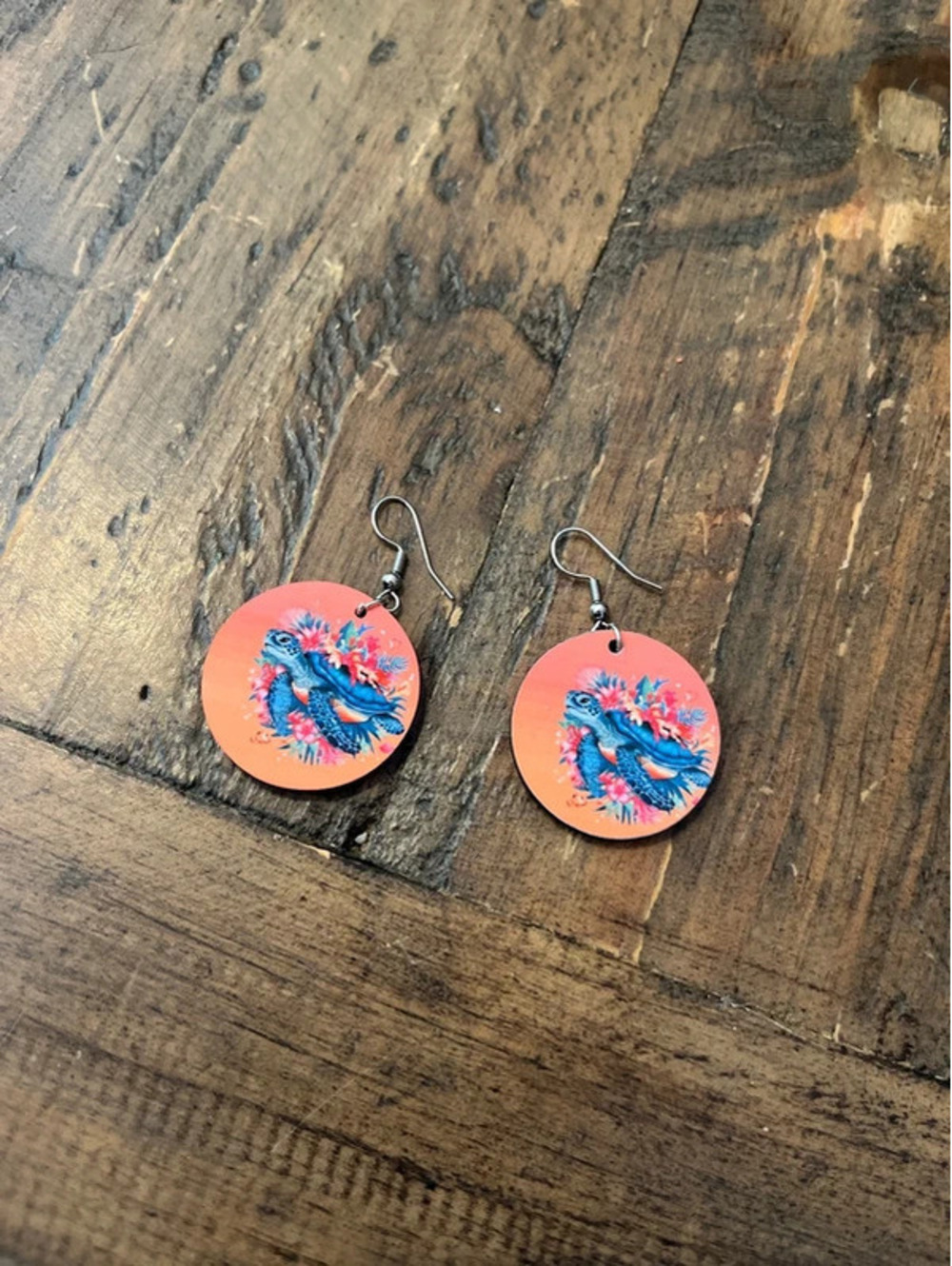 Sea Turtle Drop Earrings Vibrant Orange Coral Reef Novelty Jewelry